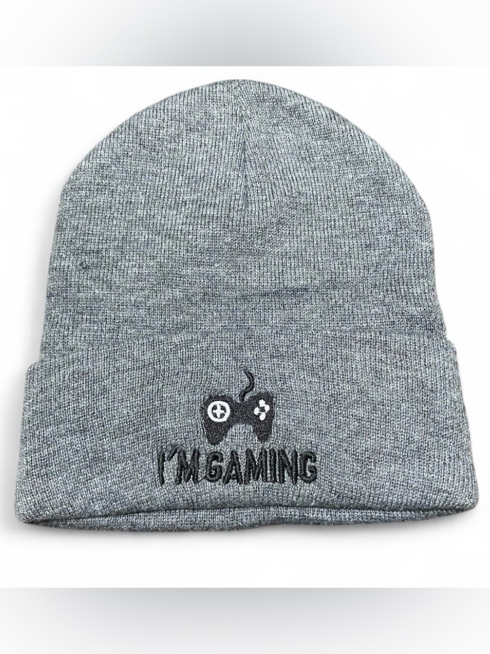 Super Cute Gray Ribbed “I’m Gaming” Fold Over Fall Winter Beanie